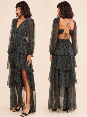 ASTR The Label Anora Metallic Tiered Ruffle Maxi Dress Black Size S